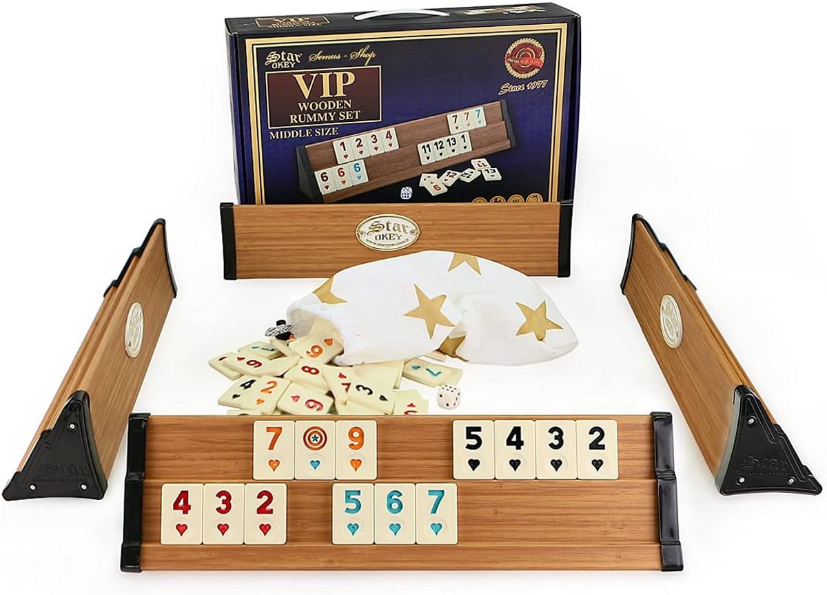 Compacte Rummy en Okey Set met Melamine Stenen en Houten Stands