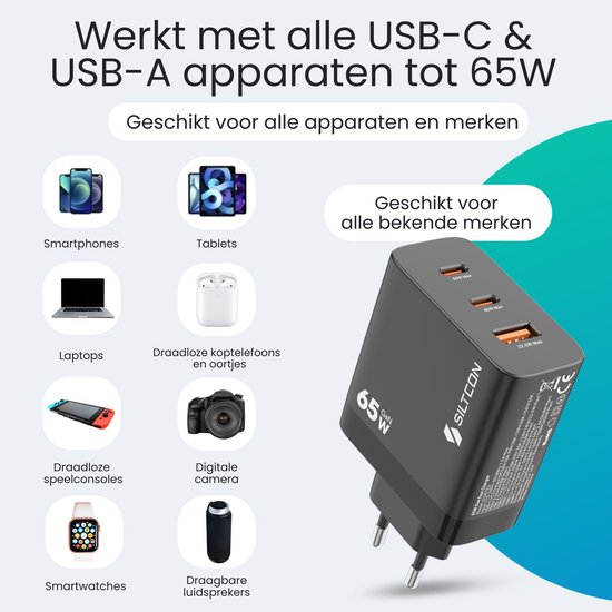 Siltcon® 3-in-1 Snellader USB-C 65W - USB C Adapter - Oplader USB-C - 2x USB-C PD 65W - 1x USB-A PD 22.5W - GaN Technologie - Universeel o.a. Telefoons, Laptops - Extra Compact