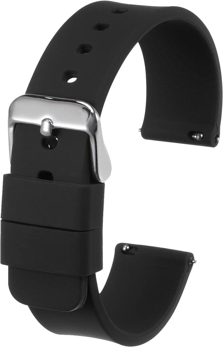 VVGoods - Siliconen horlogeband 20 mm breed, zacht en snelontgrendeling, rubberen reserveband met roestvrijstalen gesp, unisex in het zwart.