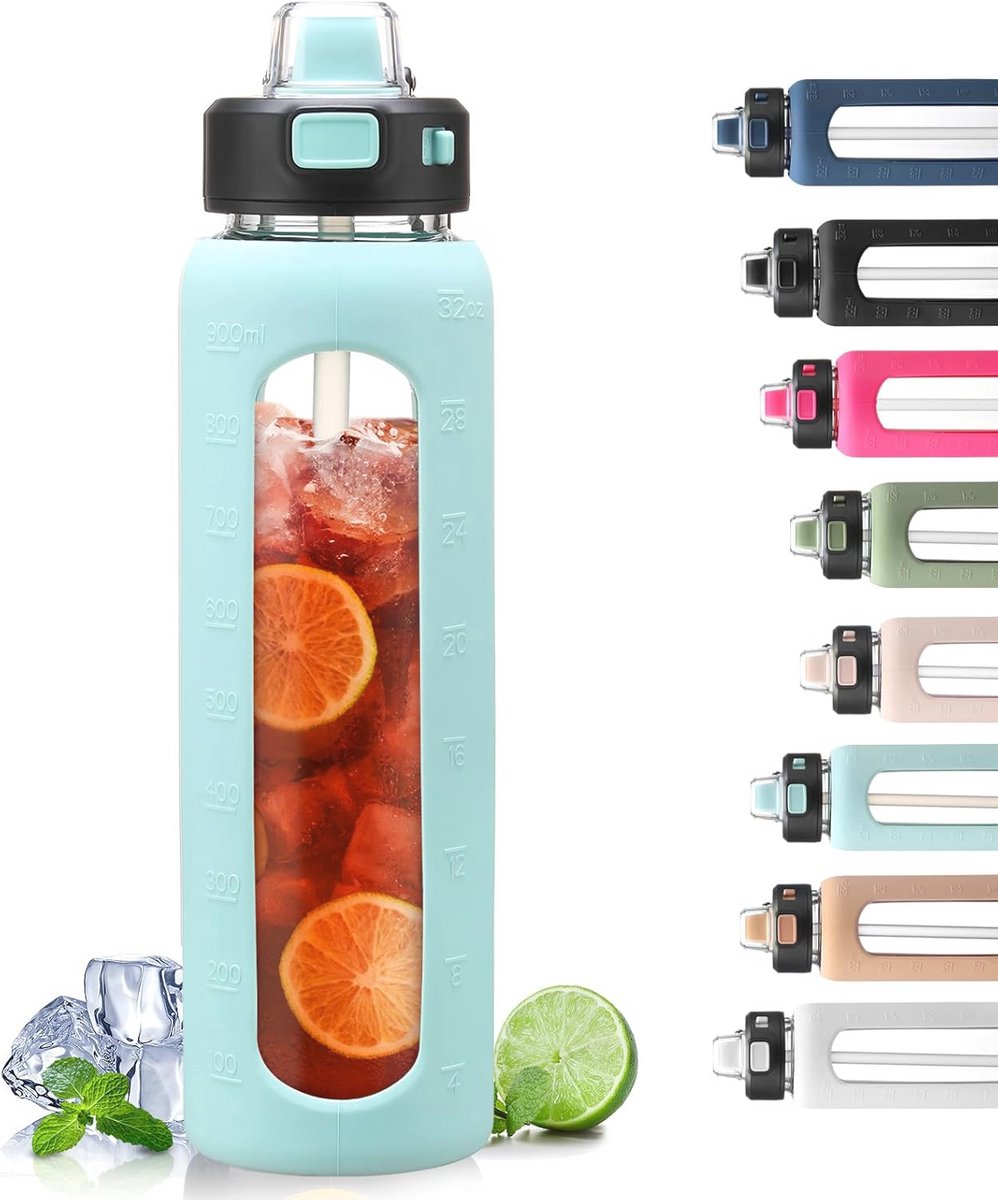 Glazen waterfles 900 ml met handvat en rietje - Siliconen huls voor outdoor en sport