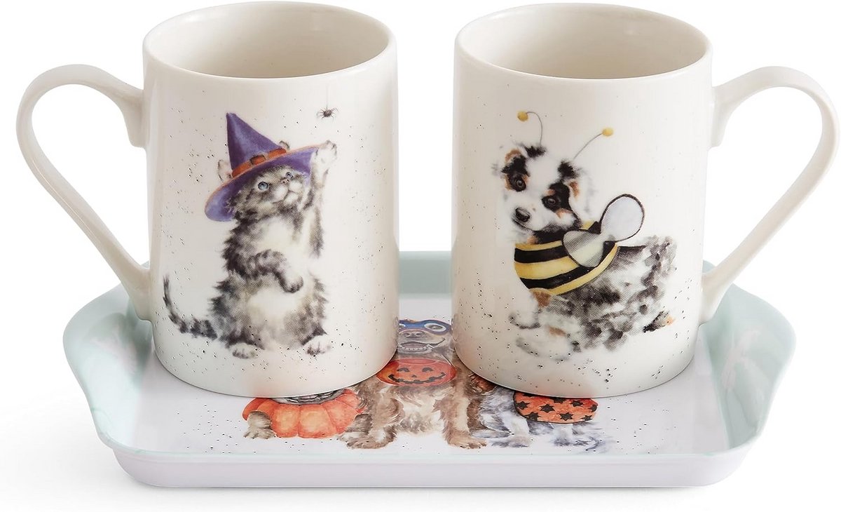 Halloween Mok en Dienblad Set met Kat & Hond Illustraties