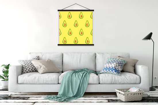 Posterhanger incl. Poster 90x90 cm - Schoolplaat - Avocado - Patroon - Fruit - Textielposter - Zwarte latten