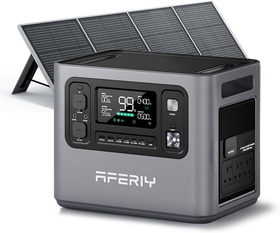 Grijze AFERIY P280 powerstation met een opgevouwen zonnepaneel op de achtergrond.