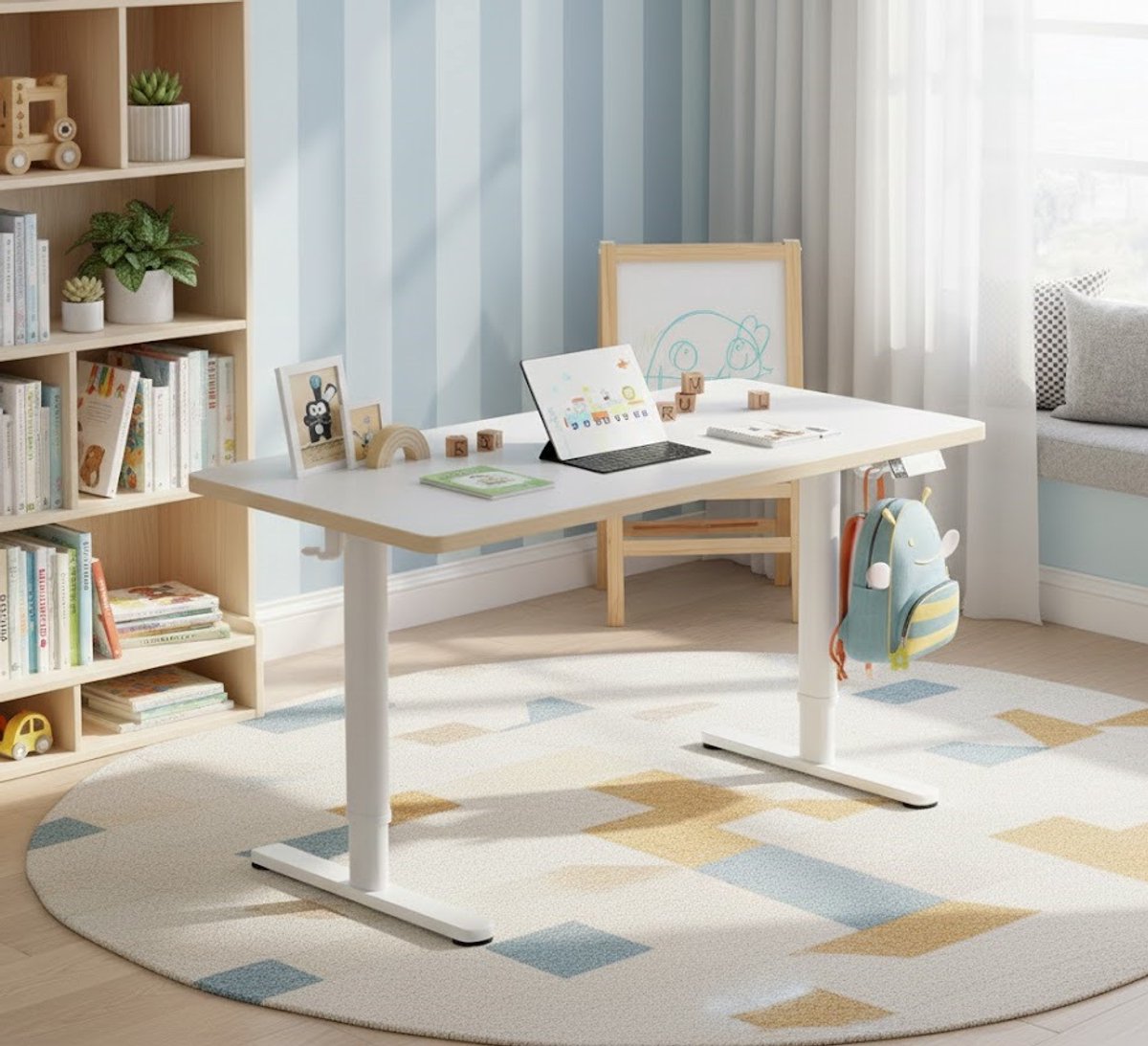 Kinder Elektrisch Zit-Sta Bureau – Verstelbaar Bureau voor Kinderen 55-81 cm Hoogte – Modern Witte Schrijftafel met Mat Oppervlak, LED Display, 3 Vooringestelde Hoogtes & Kinderveiligheidsslot – Ideaal voor Studeren, Tekenen en Spelen Depauwwonen