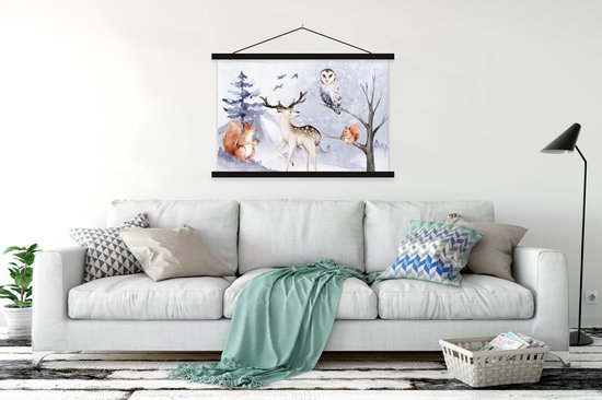 Porte-affiche avec affiche - Affiche scolaire - Hiver - Neige - Cerf - 150x100 cm - Lattes noires