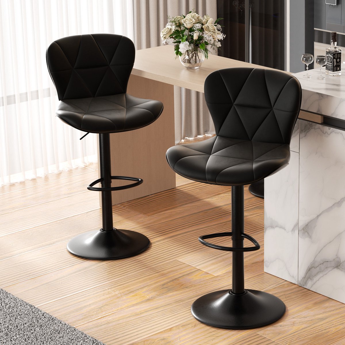 Hawthyhome Moderne in hoogte verstelbare barkruk - Omeg Serie- 360° draaibaar - Ergonomisch ontwerp - Zwart metalen voet-Set van 2-Zwart