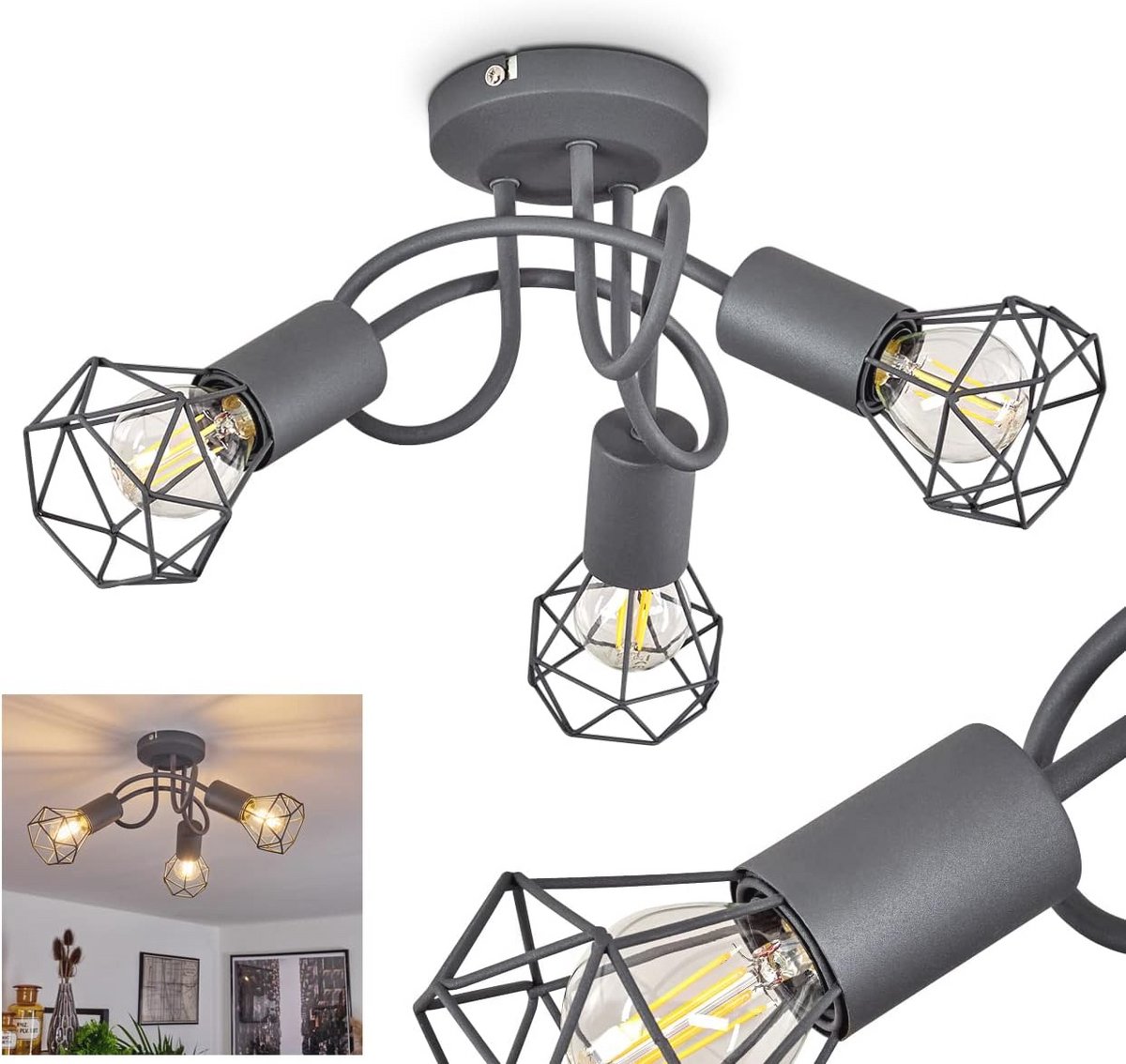 Ronde Plafondlamp in Industrieel Design van Metaal - Moderne Lamp met Grid Look, 3 Fittingen E14, Zonder Lampen