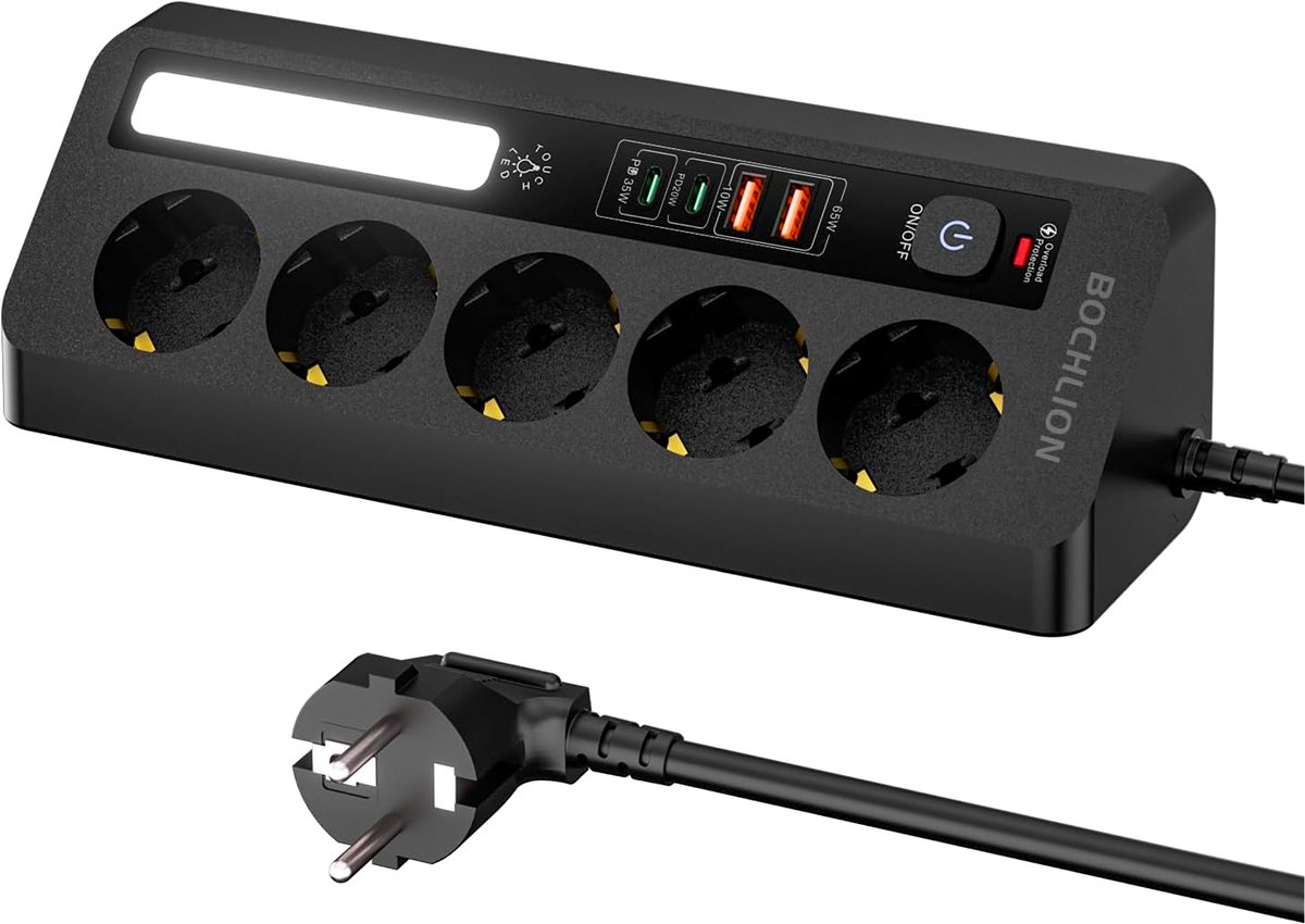 OYLCDI-Tafelcontactdoos met 5 stopcontacten - 4 USB-poorten (PD 35 W & 20 W) - LED-verlichting - schakelaar - 2 m kabel - hoekstopcontact voor kantoor en thuis