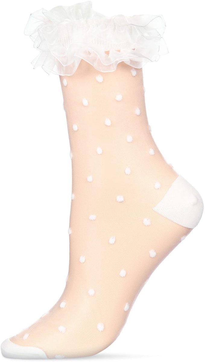 Memoi Polka Dot Lace Cuff Dames Crew Sokken - 2 Paar - Black/White, Maat 9-11