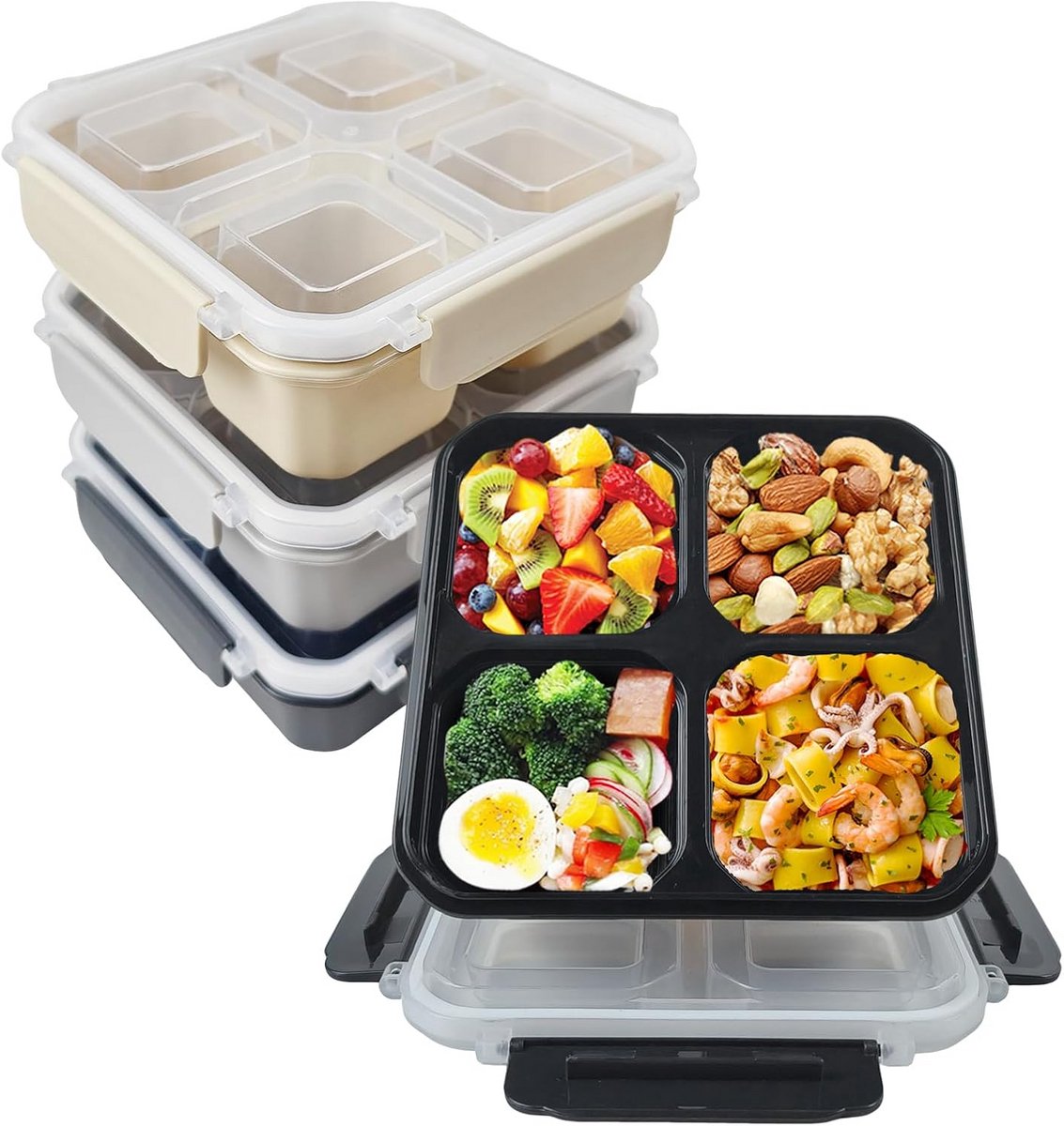 Set van 4 Bento Boxen met 4 Compartimenten - Lekvrije Lunchbox voor School, Werk & Reizen
