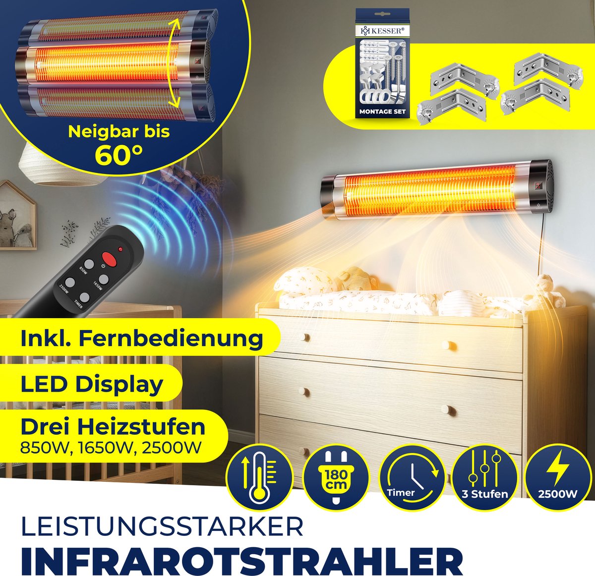 KESSER Terrasverwarmer Elektrisch 2500 W Wandmontage - Infrarood Heater voor Buiten met Afstandsbediening en Hoes, 3 Warmtestanden - Zilver/Zwart – foto 5