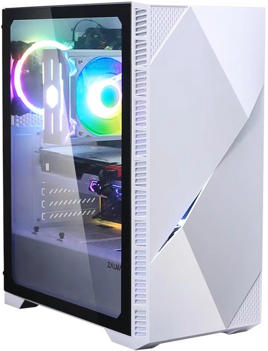 Witte Peta Iceberg gaming-behuizing met glazen zijpaneel en RGB-ventilatoren. De behuizing heeft een uniek geometrisch ontwerp.