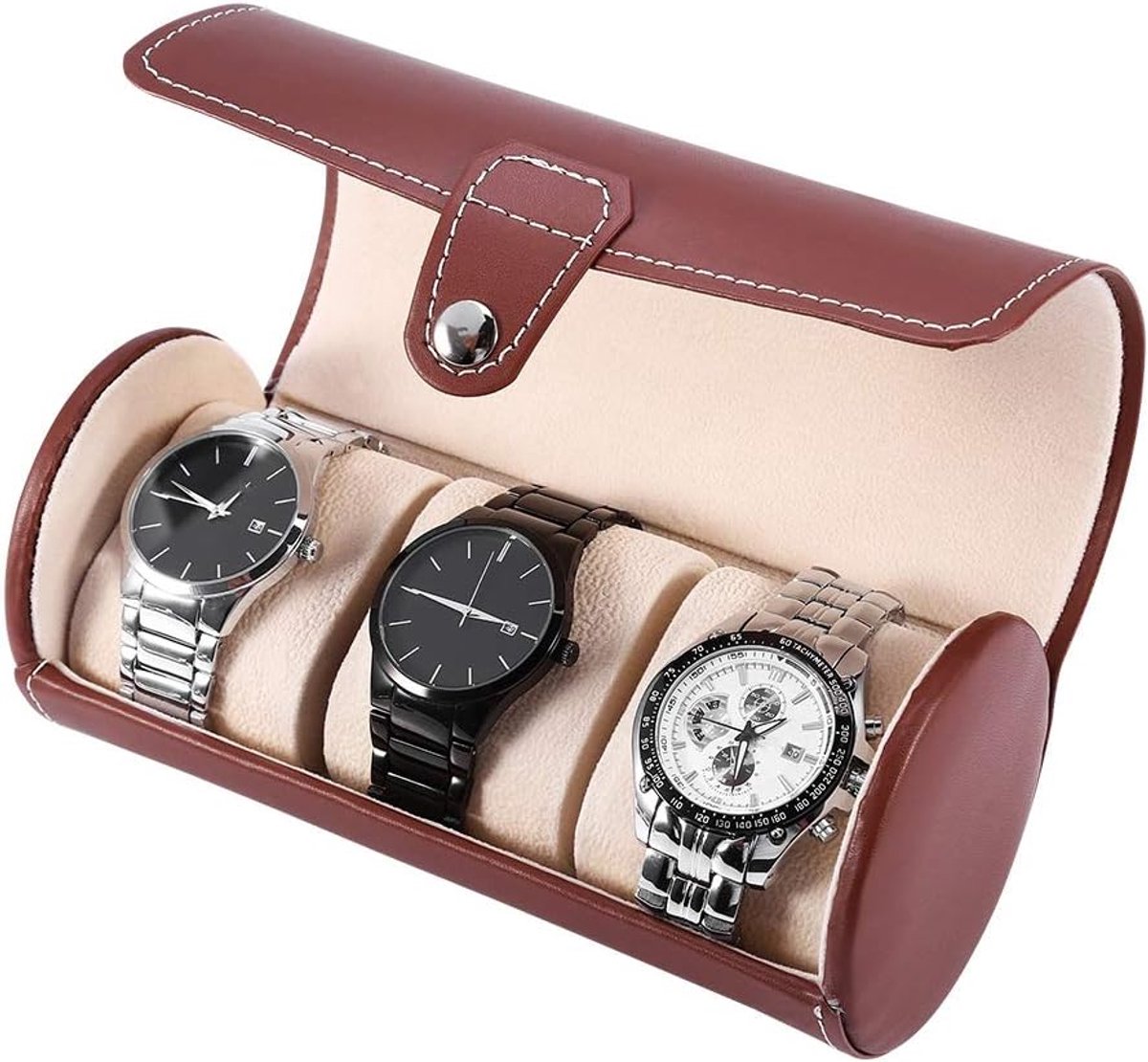 Vintage Watch Roll met 3 Slots - Cylindrical Watch Box - PU Leather Watch Box - Portable Watch Roll - Retro Watch Roll voor Vrouwen en Mannen - Luxe Watch Box voor Vriend en Echtgenoot (Brown)
