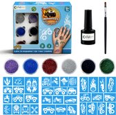 Craftiverse Glitter Tattoo Set – Monstertruck Editie – 36 Sjablonen - 6 Kleuren - Schmink Sjablonen - Knutselpakket - Knutselen Jongens - Huidlijm Voor Glitters - Inclusief Handleiding