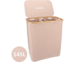 KROMS Wasmand 3 vakken - Zand - Inclusief NL & ENG Labels - Wassorteerder bamboe - Laundry basket - Wasmand met deksel -145 L