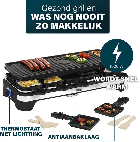 Princess Gourmetstel XL 162650 - Raclette 10 personen - Grill & Bakplaat - Groot 49x21cm - 2 meter snoer - Regelbare thermostaat - 1500W - Zwart - 10 pannetjes