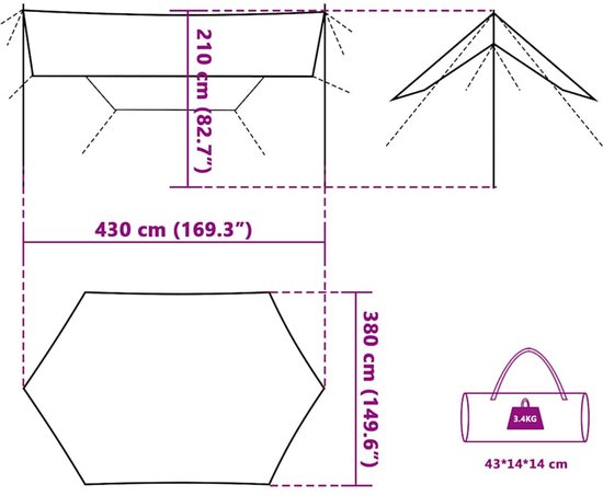 vidaXL - Auvent de camping - Imperméable - 430 x 380 x 210 cm - Vert