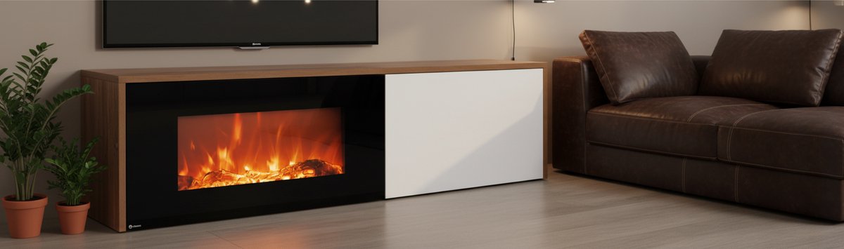 Elektrische Sfeerhaard TV-Meubel 180 cm – Altameubel Premium Fireplace Cabinet – Modern Wit Houten Wandmeubel met Sfeerhaard – Opbergruimte – 180×40×45 cm
