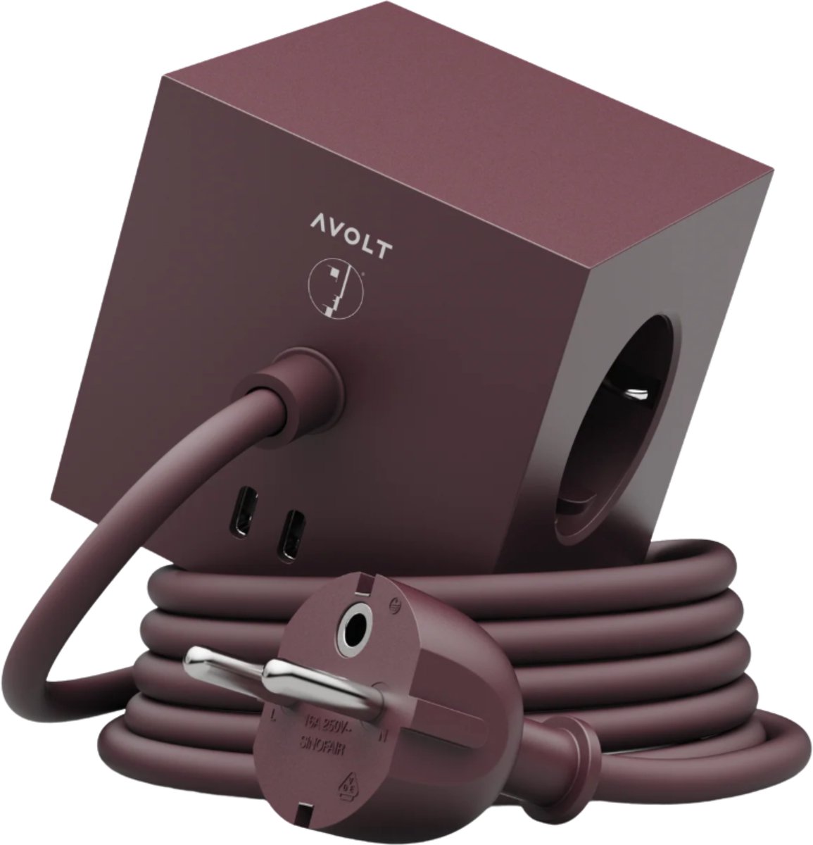 Avolt - Square 1 - Design stekkerdoos met USB-C - kable 1.8m - Bauhaus mulberry red