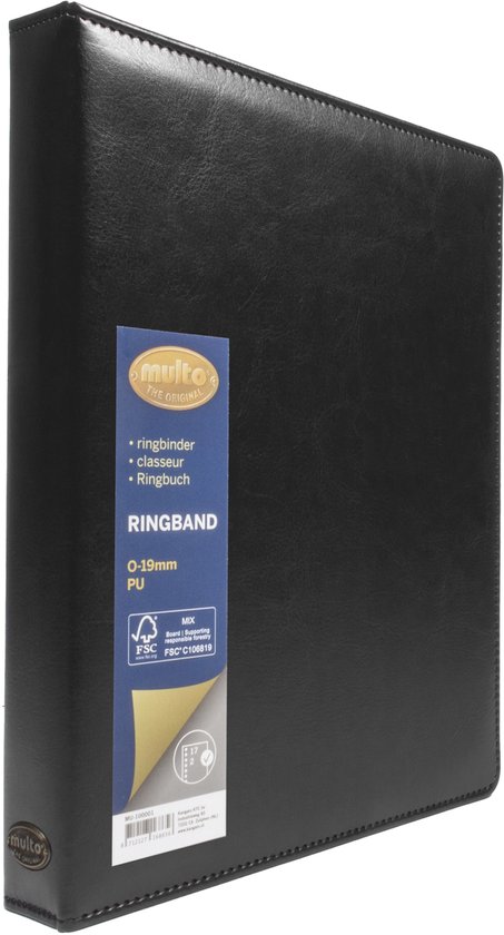 Zwarte A5 multo ringband met label waarop 'RINGBAND 0-19mm PU' staat.