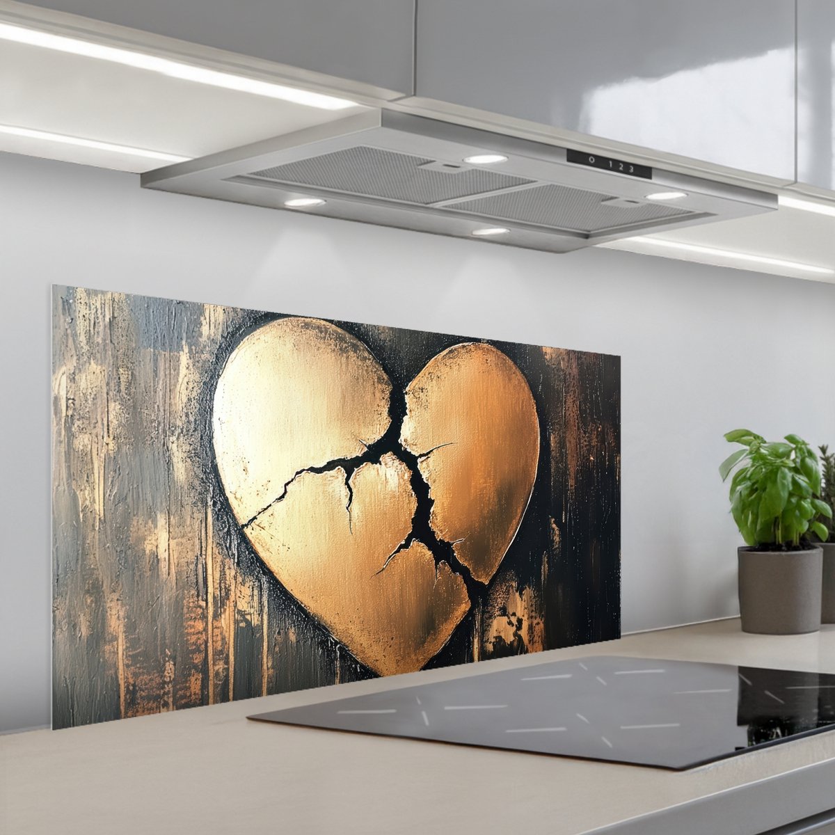KitchenYeah Spatscherm 100x50 cm Zelfklevende achterwand Gebroken hart Goud Houtlook Liefde Keuken muurbeschermer Spatwand fornuis