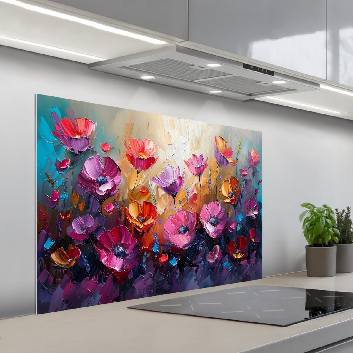 KitchenYeah Spatscherm 100x65 cm Zelfklevende achterwand Bloemen Paars Kleurrijk Handgeschilderd Kunst Keuken muurbeschermer Spatwand fornuis