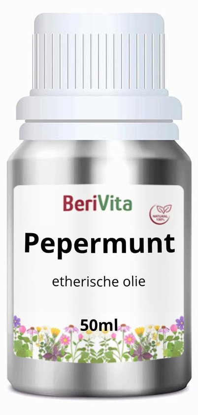 BeriVita Pepermunt etherische olie 50ml in een zilverkleurige fles met witte dop en bloemen.