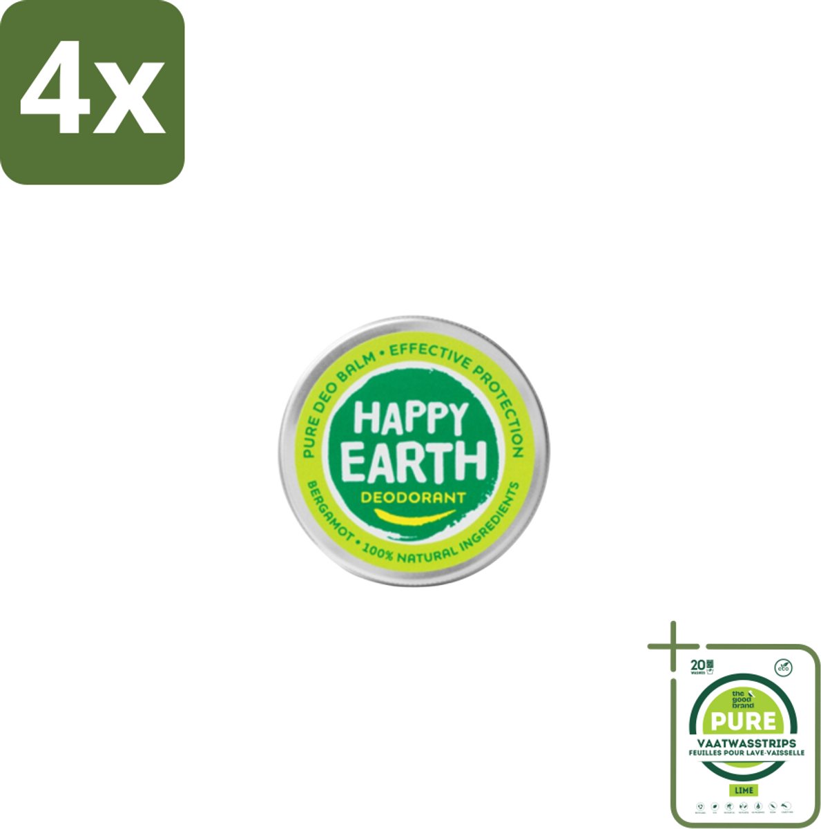 Happy Earth – Deodorant Balm – 100% Natuurlijk Bergamot – 45 g - Voordeelverpakking - 4 stuks - Deodorant bergamot - Natuurlijke deodorant