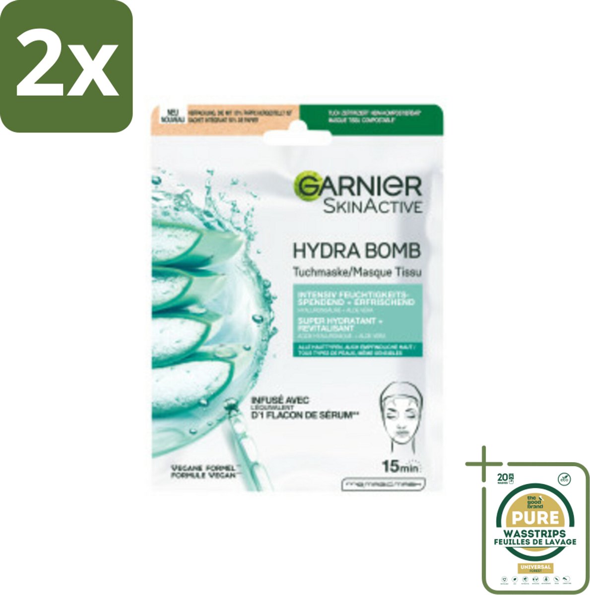 Garnier - SkinActive - Hydrabomb Tissue Masker - Hyaluronzuur & Aloe Vera - Super Hydraterend - 1 Gezichtsmasker - Voordeelverpakking - 2 stuks - Aloë vera - Gezichtsmasker