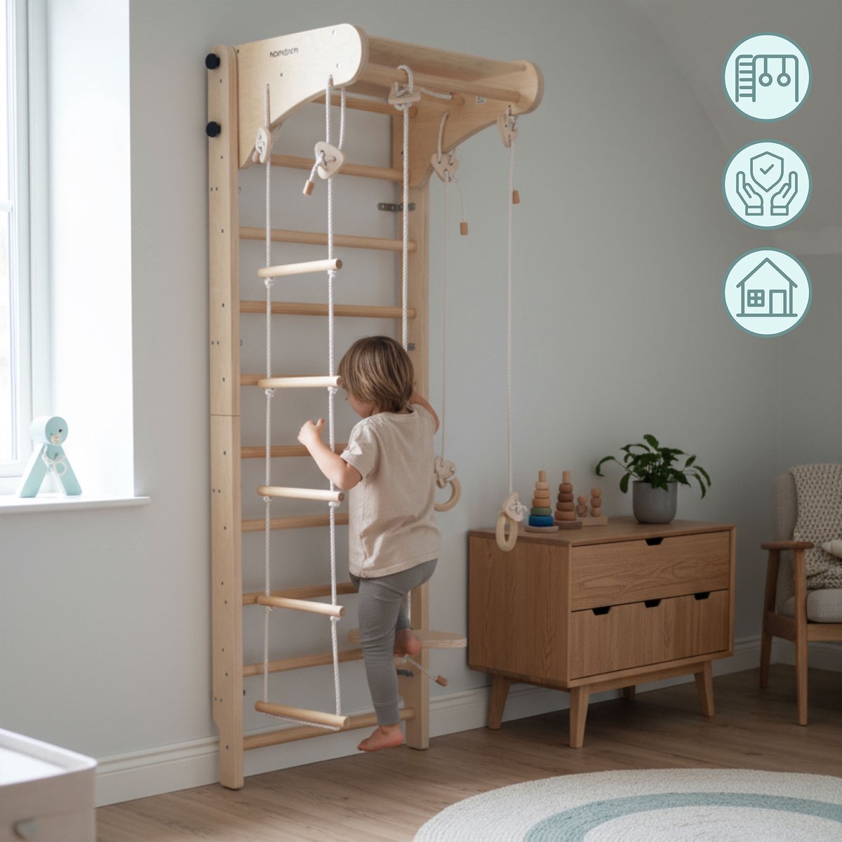 Mamabrum Montessori Houten Klimrek voor Kinderen 3+ Wandgemonteerd Gymrek met Schommel, Gymringen & Klimtouw – Indoor Motoriek Speelgoed — afbeelding 9