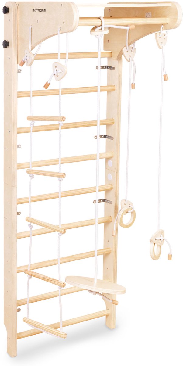 Mamabrum Montessori Houten Klimrek voor Kinderen 3+ Wandgemonteerd Gymrek met Schommel, Gymringen & Klimtouw – Indoor Motoriek Speelgoed — afbeelding 7