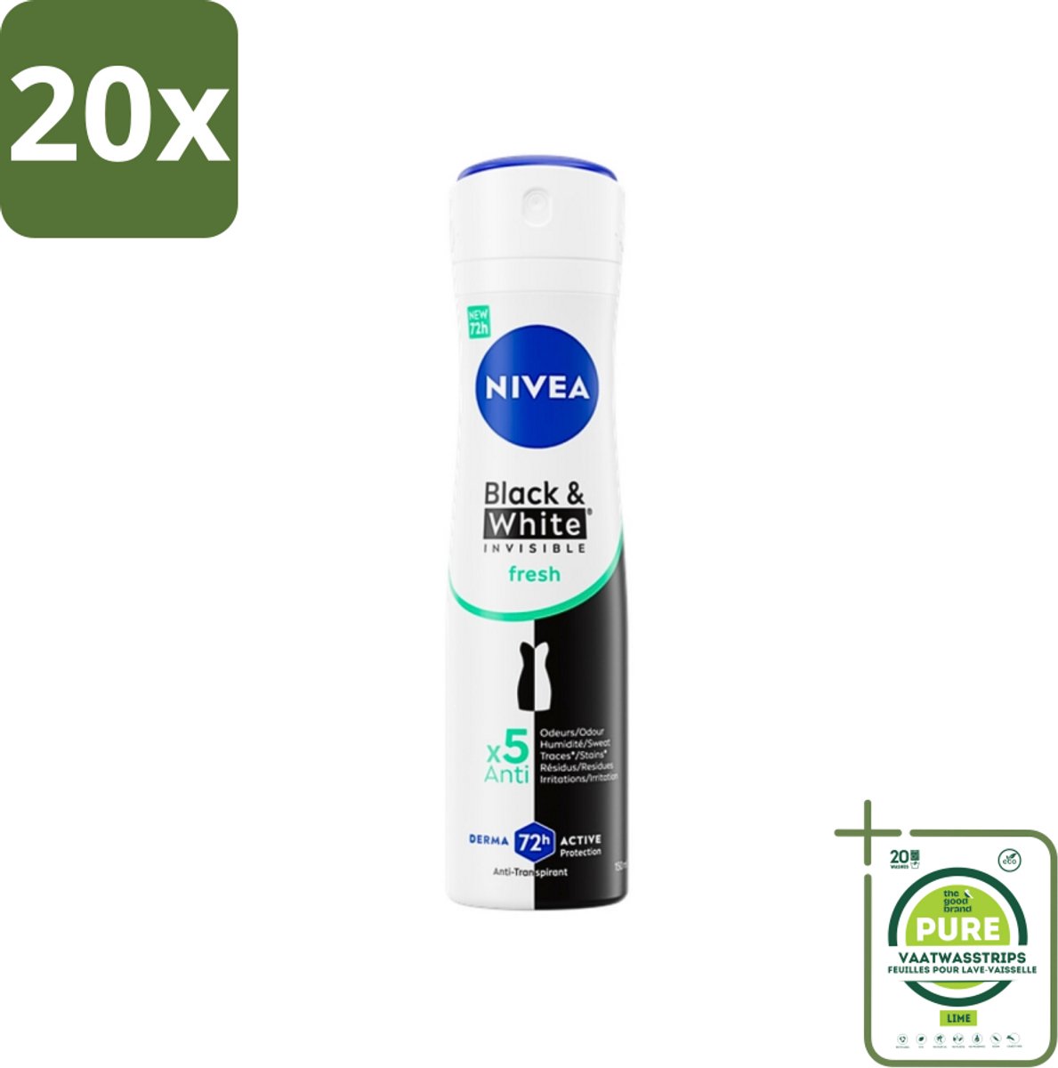 20 x NIVEA - Deodorant Spray - Onzichtbaar Fris Voor Zwart & Wit - Anti-Transpirant - 150 ml - Grootverpakking - NIVEA Deodorant - Anti-transpirant - Deodorant Spray - Anti-vlekken Deodorant - Deodorant Voor Zwarte En Witte Kleding