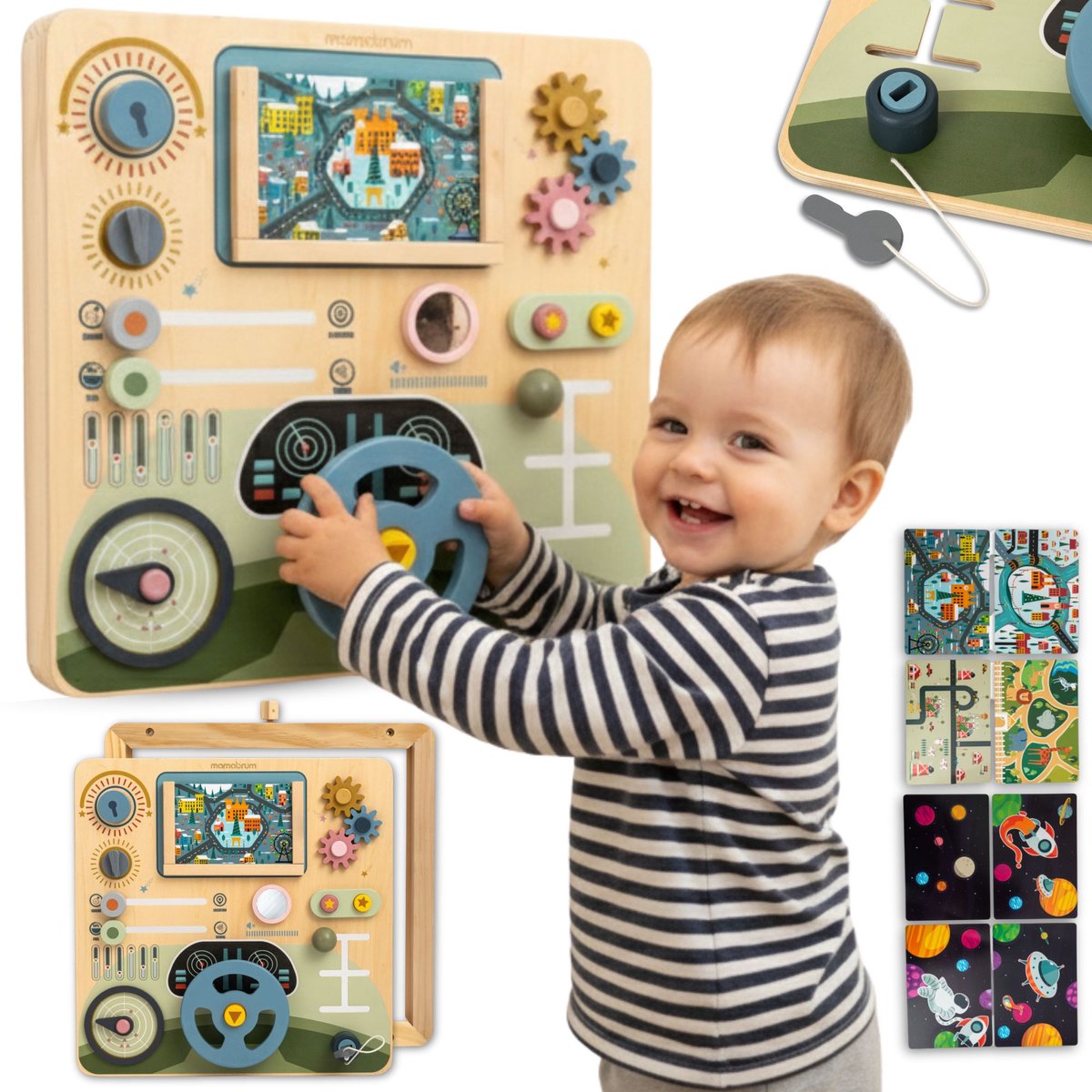 Mamabrum Montessori Houten Educatieve 2-in-1 Cockpit – Activiteitentafel voor Peuters met 8 Verwisselbare Panelen – Bestuurder & Piloot 18m+