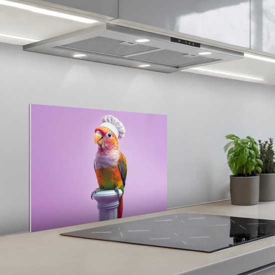 Spatscherm 60x45 cm - Zelfklevende achterwand Papegaai - Koksmuts - Pilaar - Vogel - Keuken muurbeschermer - Spatwand fornuis
