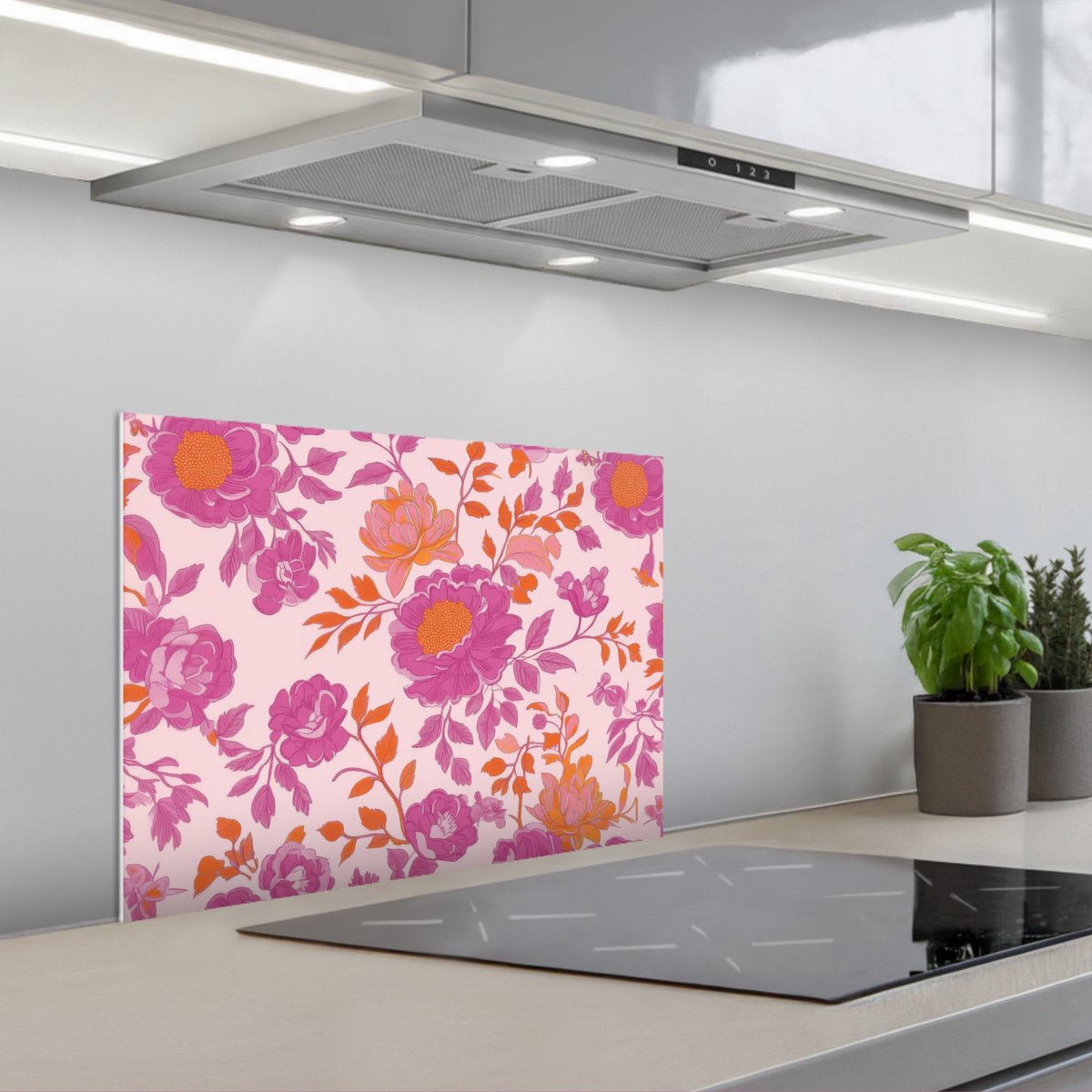 KitchenYeah Spatscherm 60x45 cm Zelfklevende achterwand Bloemenpatroon Roze Oranje Bloemen Keuken muurbeschermer Spatwand fornuis