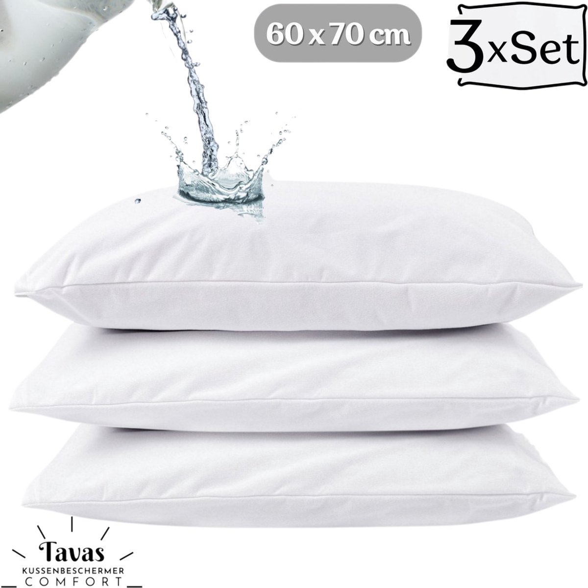 Tavas Pamura Waterdichte Kussenbeschermer 60x70 cm 3 Stuks Kussenbeschermer Vocht beschermend - Met rits - Incontinentie Kussenslop Molton %100 Katoen Badstof Wit
