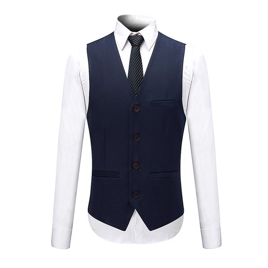 Donkerblauw gilet met witte blouse en gestreepte das