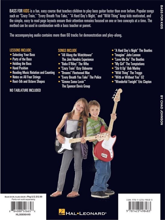 Deux enfants posent avec des guitares basses ; une fille avec une basse blanche, un garçon avec une basse rouge. Texte : Bass for Kids.