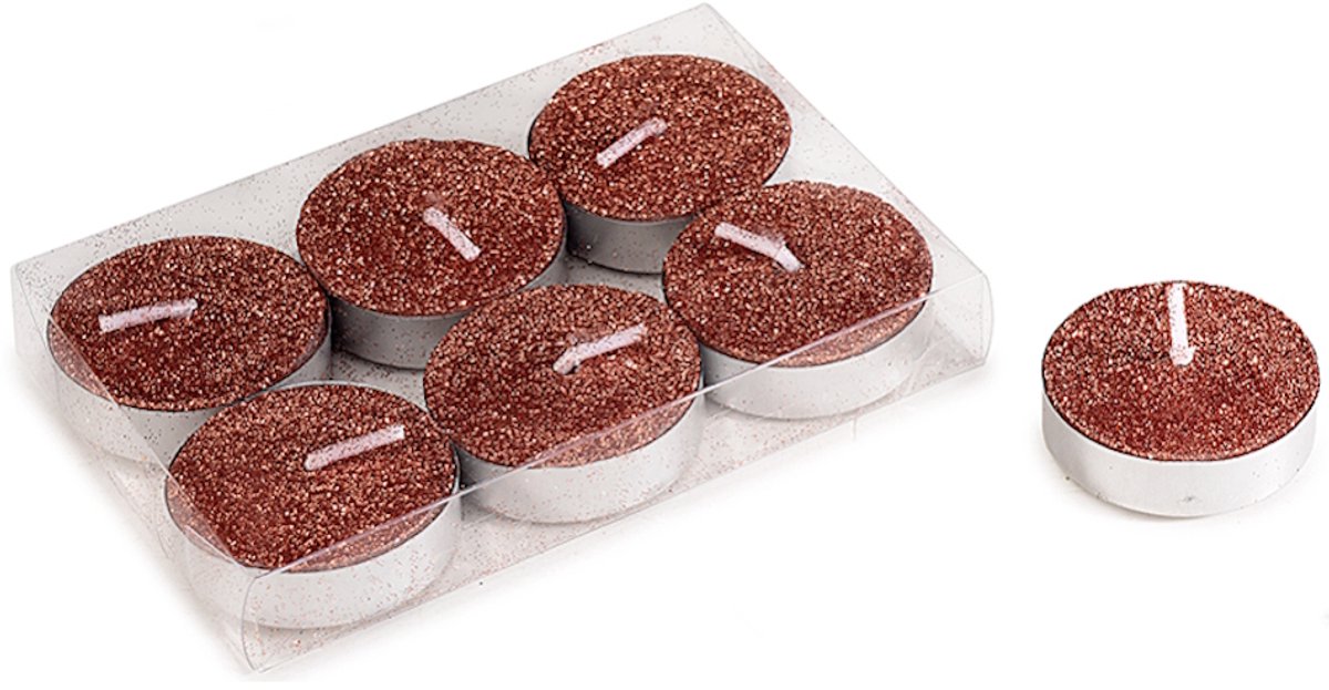 Glitter Waxinelichtjes/Theelichtjes Oranjebruin - 6 stuks Ø 3.5 x 1 cm - in transparante box - Kerst - kaarsen