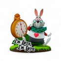 Witte konijn met bril en klok, met de tekst 'I'm Late, I'm Late'.