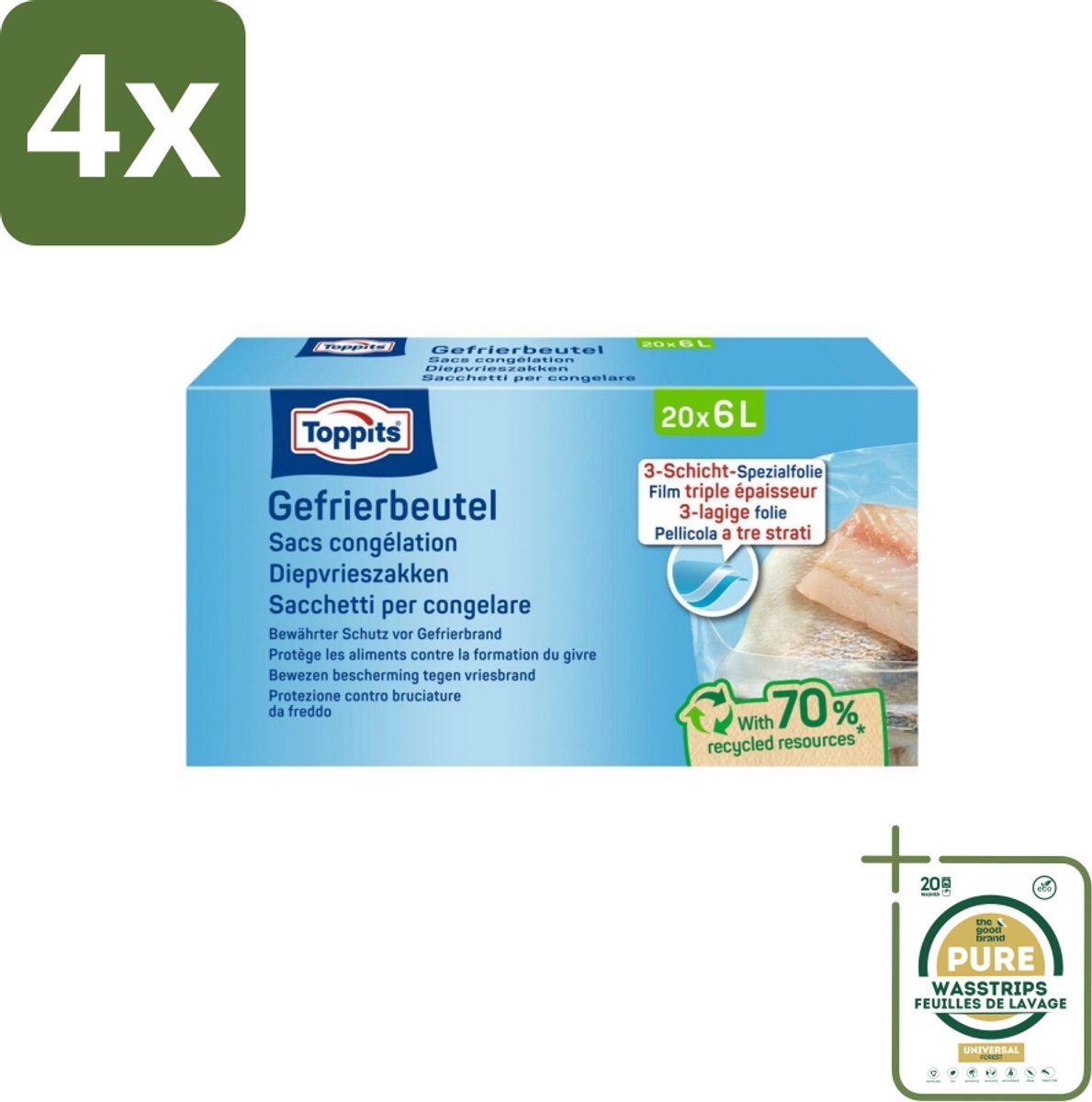 Toppits – Diepvrieszakken – 6 Liter – 20 Zakjes - Voordeelverpakking - 4 stuks - Diepvriesvoorraad - Vriezen