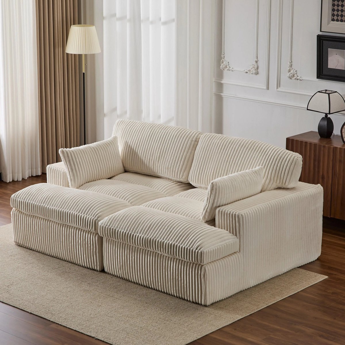 Multifunctionele Corduroy Slaapbank - Opvouwbaar, Met 2 Armleuningen - Comfortabel 4-in-1 Ontwerp – Voor 2 Personen - Direct gebruiksklaar - Extra bed voor gasten - Woonkamer & slaapkamer – 214x145x89cm - Wit