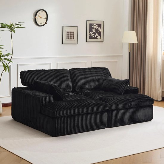 Multifunctionele Corduroy Slaapbank - Opvouwbaar, Met 2 Armleuningen - Comfortabel 4-in-1 Ontwerp – Voor 2 Personen - Direct gebruiksklaar - Extra bed voor gasten - Woonkamer & slaapkamer – 214x145x89cm - Zwart