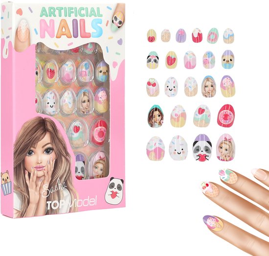 Roze verpakking TOPModel kunstnagels met nagels in een display, en een voorbeeld van gedragen nagels.