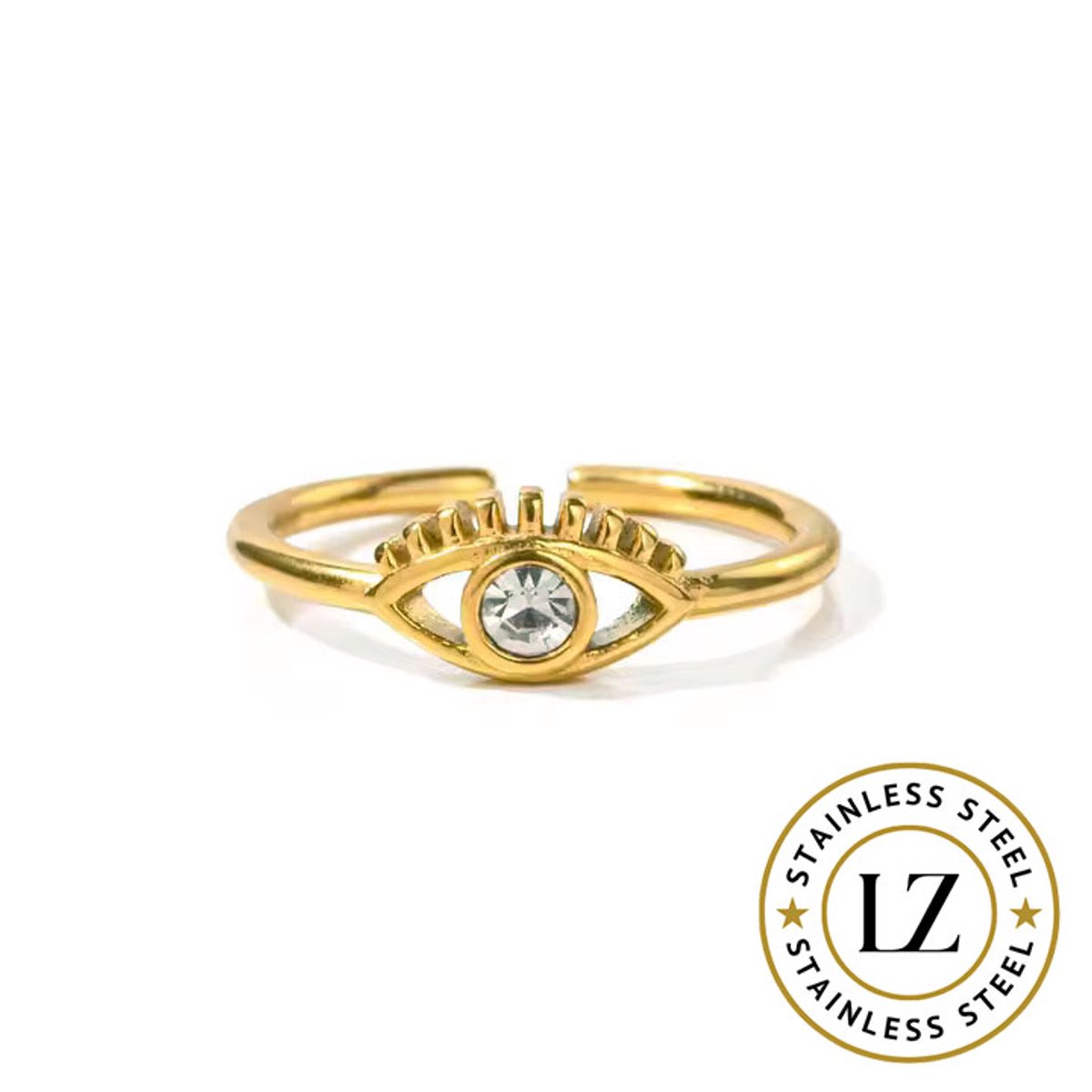 LOUIZ Boze Oog ring - Devils eye - Dames Ring One Size - Boze oog bescherming - Stainless Steel goudkleurig - Hypoallergeen en Waterproof