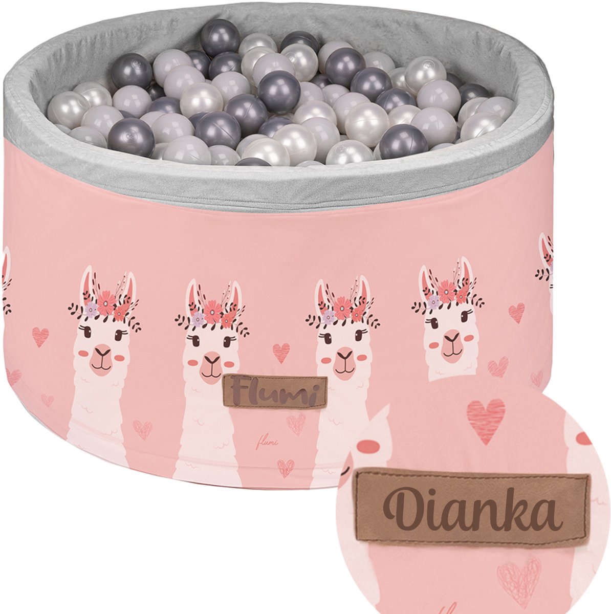 Ballenbak voor baby’s en peuters, gepersonaliseerd rond 90x40 cm – Schuimen ballenbad met 200 gekleurde ballen Ø7 cm – Sensorisch speelgoed – Licht perzik, lichtgrijs – Lama-motief