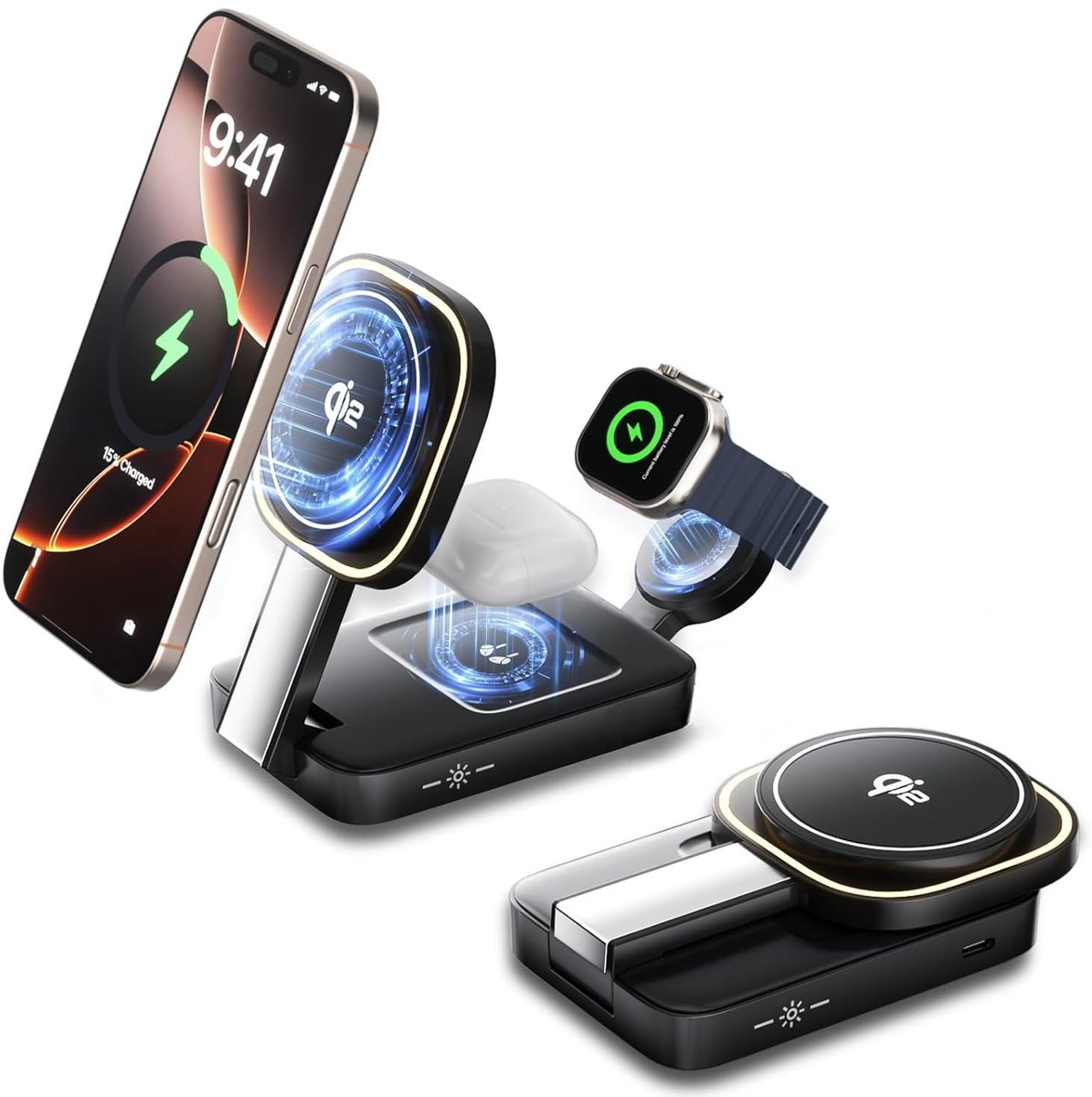 Blynk 3-in-1 Draadloze Oplader - Qi2 Snellader - Opvouwbaar en Compact - Geschikt voor MagSafe, iPhone, AirPods & Apple Watch - Zwart