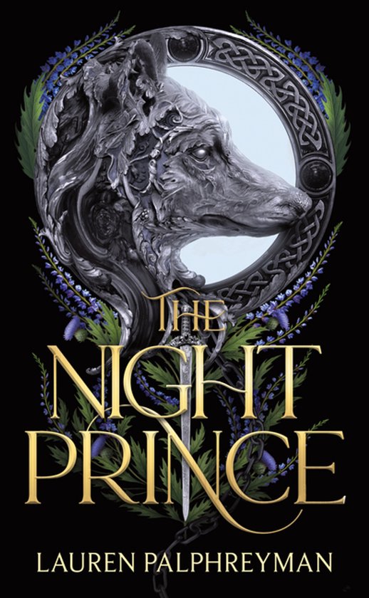 Couverture de livre avec une tête de loup argentée détaillée de profil, entourée de fleurs bleues, avec une épée et le titre 'The Night Prince'.
