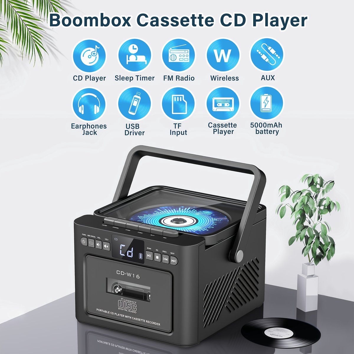 Retro CD-Cassette Speler - 5000mAh Accu - Draagbare Boombox thumbnail 3