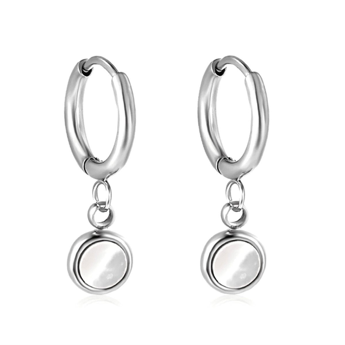 Planet Pink - Hoop oorbellen parelmoer bedeltje rond zilver - Stainless Steel - Roestvrij Staal rvs - Waterproof